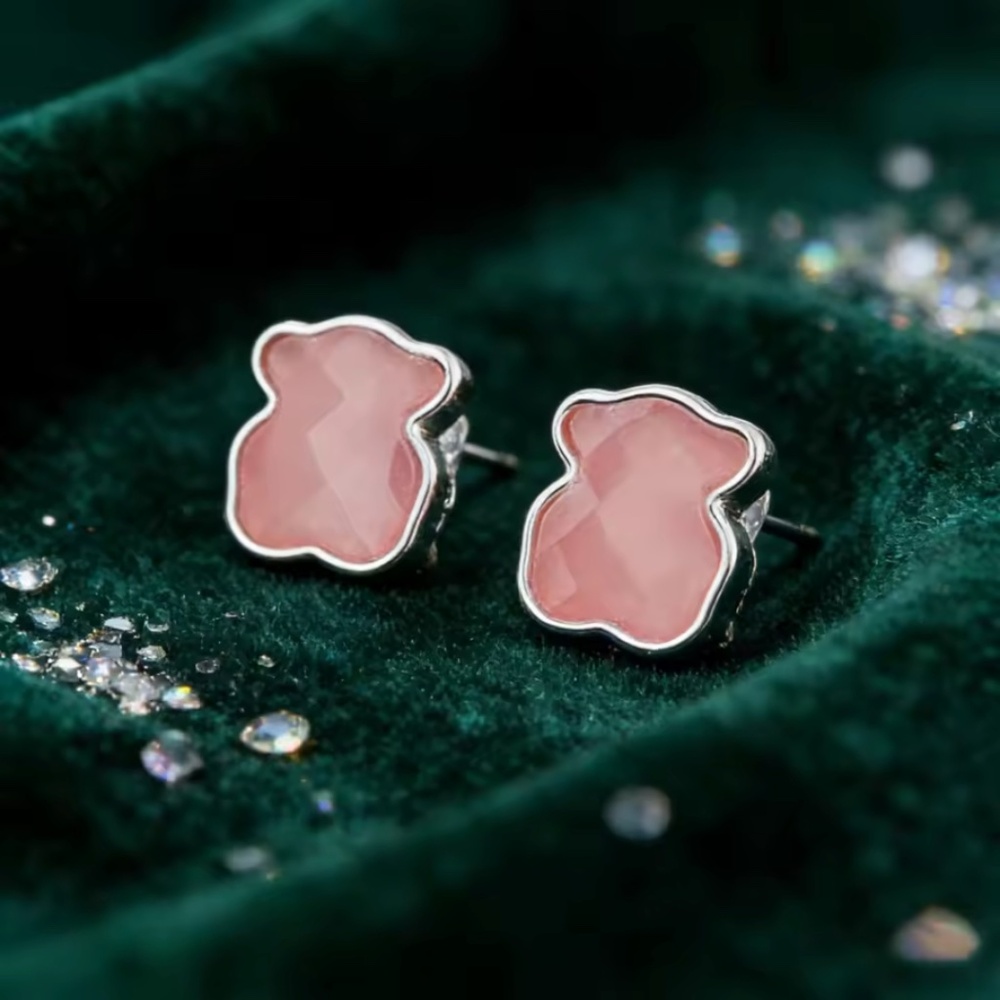 Tous Pink Silver ROSE QUARTZ Stone Earrings Silver Studs